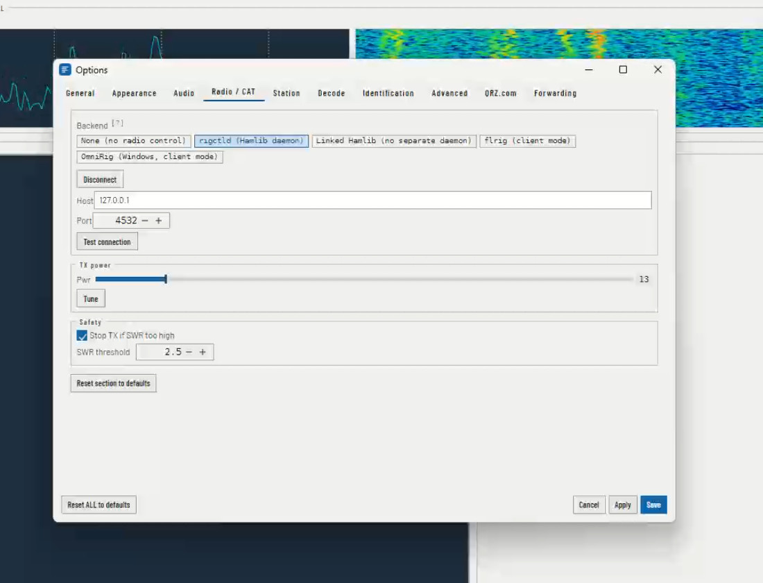 Scanline Studio radio control (CAT) settings: Hamlib, rigctld, flrig and OmniRig options