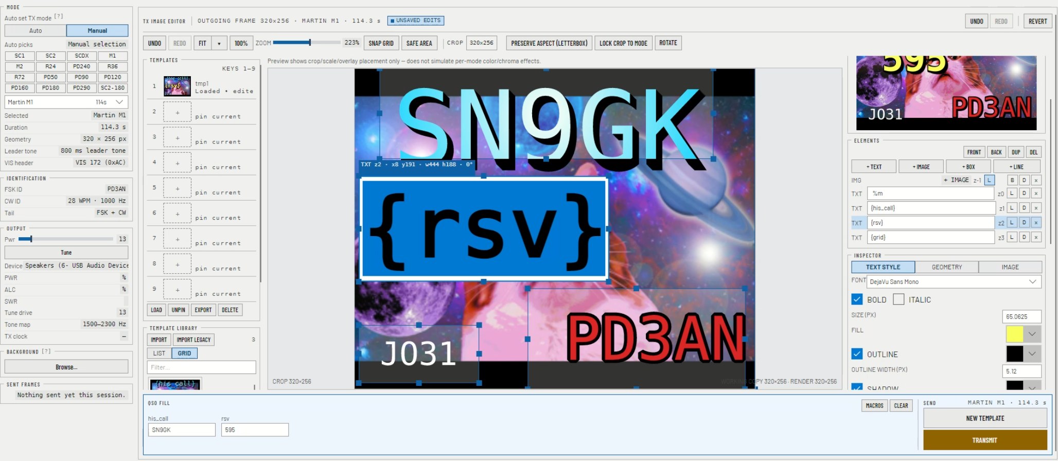 Scanline Studio TX Template Editor: text, box, image and line elements on a QSL-style layout